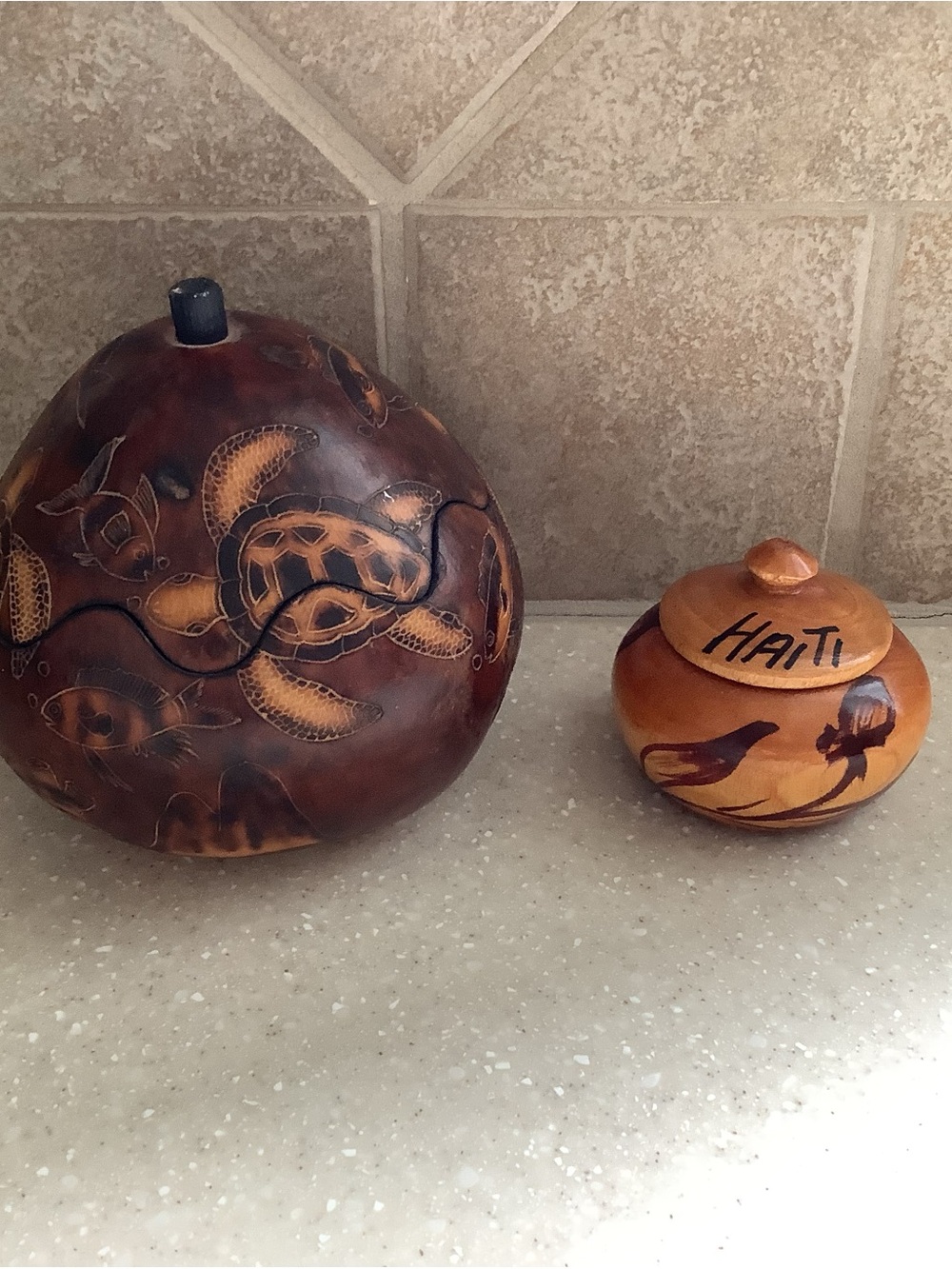 2 Handcrafted Trinket Boxes 1 Gourd Hawaii with Turtles and 1 Wooden Box Haiti